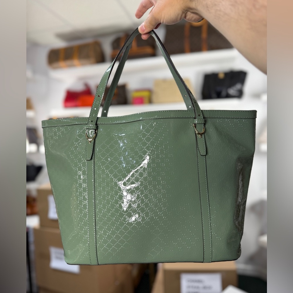 NWOT Gucci microguccisima monogram patent RARE COLOR sagegreen tote shoulder bag - Picture 5 of 14